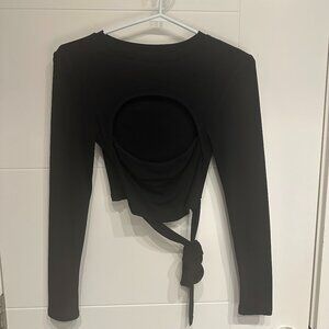 Black Cut Out Long Sleeve Wrap Tie Shirt